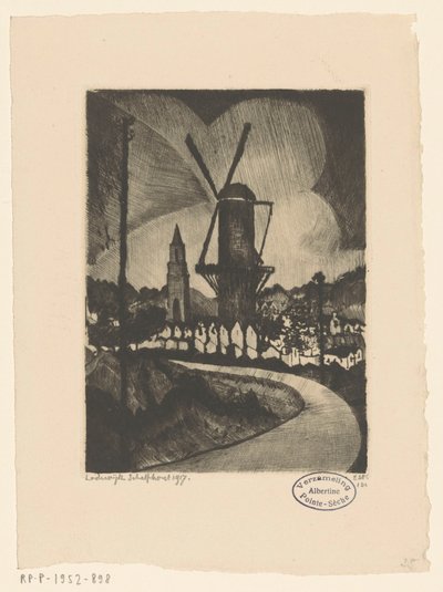 Kuperat landskap med väderkvarn Le Moulin (originaltitel) av Lodewijk Schelfhout (signed by artist)
