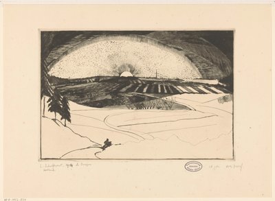 Solen går upp eller går ner över ett kuperat landskap La Bruyere (originaltitel på objekt) av Lodewijk Schelfhout (signed by artist)