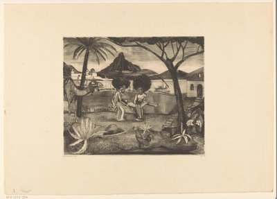 Två män bär en man i en trädgård av Lodewijk Schelfhout (signed by artist)