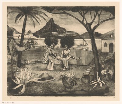 Två män bär en man i en trädgård av Lodewijk Schelfhout (signed by artist)