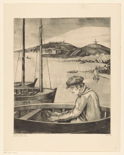 Fiskare i ett förtöjt fartyg Le Pecheur (originaltitel) av Lodewijk Schelfhout (signed by artist)