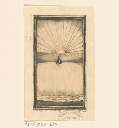 Segelfartyg till havs vid stigande eller nedgående sol av Lodewijk Schelfhout (signed by artist)