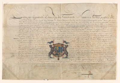 Diplom där Ludvig XIV upphöjde Cornelis Lampsins till baron av Tobago och riddare av St. Michels orden av Lodewijk XIV (koning van Frankrijk) (signed by artist)