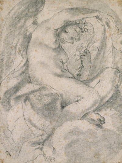 En nymf (flora) bland moln (svart krita med stubbe på benvitt papper) av Lodovico Carracci
