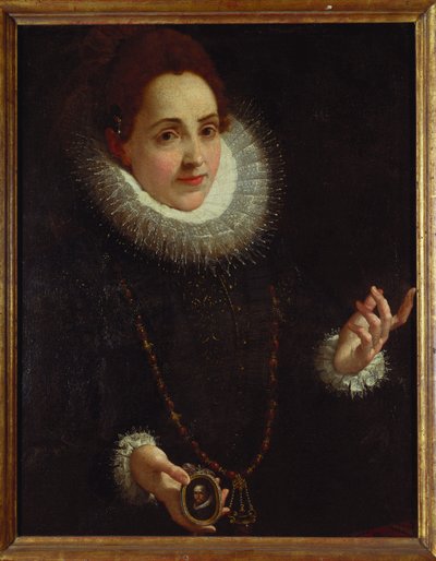 Porträtt av en dam som håller en porträttminiatyr av en gentleman av Lodovico Carracci