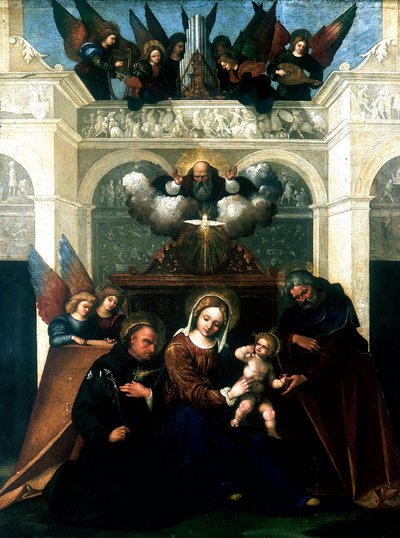"Helig familj med Sankt Nikolaus av Tolentino", 1515-1530 av Lodovico Mazzolini