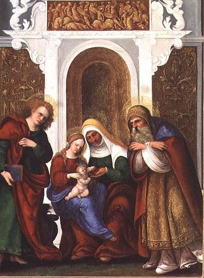 Madonna och barn med SS. Anne, Johannes evangelisten och Zacharias eller Madonna och St Anne of the Cherries (panel) av Lodovico Mazzolino