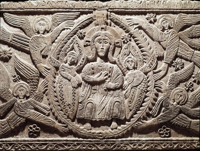 Lombardkonst: Kristus i ära, lågrelief från hertig Rachis altare (Ratchis eller Ratgis) - Skulptur, Lombardkonst, 737-744 (Relief av altaret från Ratchis representerande Kristus i ära) Cividale del Friuli, Chretien Museum, skattmästare i katedralen av Lombard School