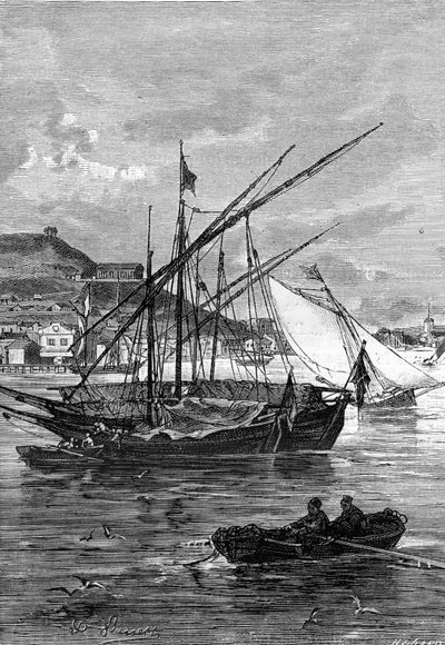 illustration till Jules Vernes roman "Keraban den envisa", Hetzel-samlingen/extraordinära resor 1883. Teckning av Leon Benett: hamnen i Kertsch (Krim), vid Iénikalesundet, mellan Svarta havet och Azofs hav. av Léon Benett