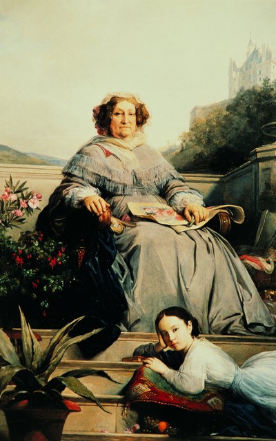 Porträtt av Madame Clicquot, född Ponsardin 1777-1866 med sin dotter, mellan 1851 och 1860. av Léon Cogniet
