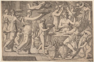 Venus och Mars betjänas av Amor och de tre nåderna av Léon Davent, after Luca Penni