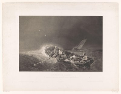 Vissers in een roeiboot op zee Marine gezichten (serietitel) Marinmålningar. Litografi i mezzotint av L. Sabatier efter Eug. Isabey (serietitel på objekt) av Léon Jean Baptiste Sabatier