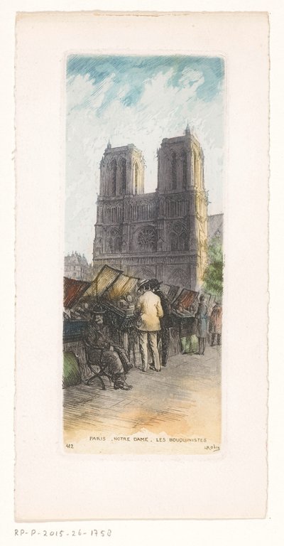 Utsikt över Notre-Dame i Paris med bokhandlare i förgrunden Paris Notre Dame les bouquinistes (titel på objektet) av Léopold Robin