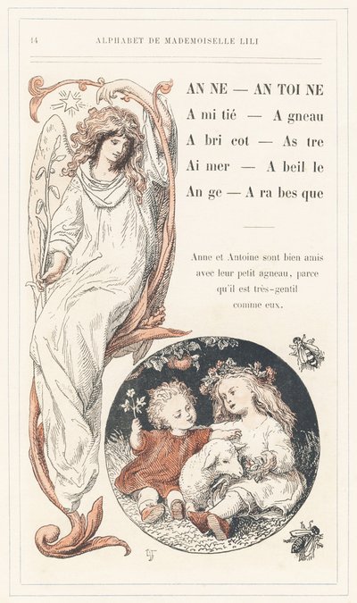 Anne, Antoine, Friendship, Lamb, Apricot, Star, Love, Bee, Angel, Arabesque, sidan 14 - Alfabet av Mademoiselle Lili, av L. Froelich och av en far (Hetzel själv). Bibliotheque  Magasin d
