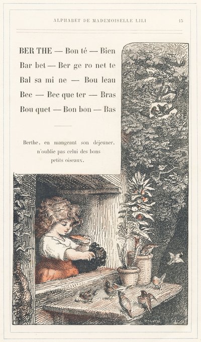 Berthe, Bonte, Well, Barbet, Bergeronnette, Balsamine, Birch, Beak, Becqueter, Arm, Bouquet, Candy, Bottom, sidan 15 - Alfabet av Mademoiselle Lili, av L. Froelich och av en pappa (Hetzel själv). Bibliotheque  Magasin d