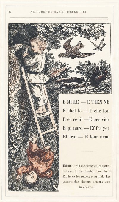 Emile, Etienne, Echelle, Echelon, Squirrel, Sparrow, Epinard, Scarer, Farry, Stourneau, sidan 18 - Alfabetet av Mademoiselle Lili, av L. Froelich och av en pappa (Hetzel själv). Bibliotheque  Magasin d