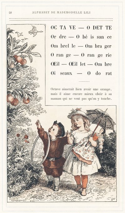 Octave, Odette, Order, Obedience, Umbrella, Shadow, Orange, Orangerie, Eye, Carnation, Shadow, Birds, Smell, sidan 28 - Mademoiselle Lilis alfabet, av L. Froelich och av en pappa (Hetzel själv). Bibliotheque  Magasin d