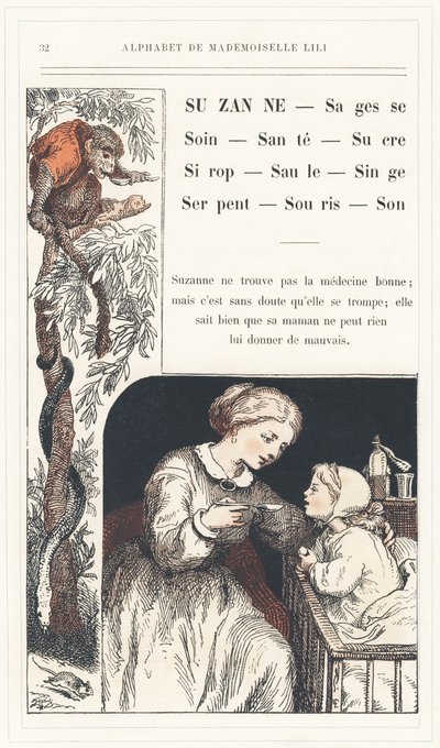 Suzanne, Wisdom, Care, Health, Sugar, Syrup, Willow, Monkey, Snake, Mouse, Sound, sidan 32 - Alfabetet av Mademoiselle Lili, av L. Froelich och av en pappa (Hetzel själv). Bibliotheque  Magasin d
