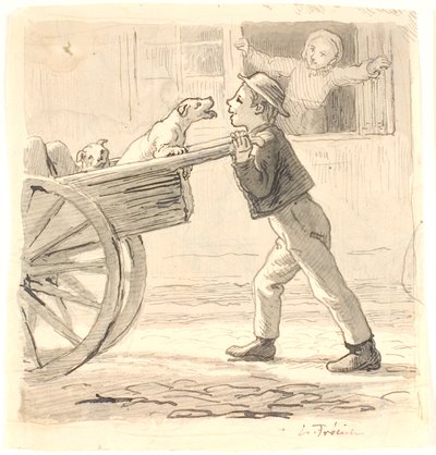 En pojke skjuter en vagn med hundar av Lorenz Frølich