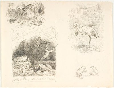 Fyra utkast till illustrationer för Skrubtoadsen, H.C. Andersens nya äventyr och berättelser av Lorenz Frølich