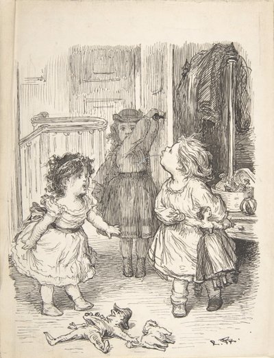 Tre små flickor i ett rum som argumenterar och spottar, 1835-1903. av Lorenz Frølich