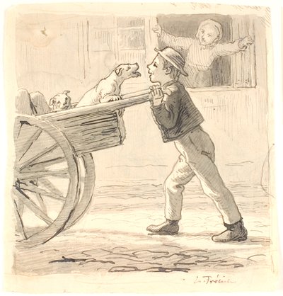 En pojke skjuter en vagn med hundar av Lorenz Frølich