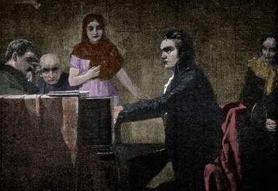 Ludwig van Beethoven spelar Moonlight-sonaten - gravyr efter Lorenz Vogel - Ludwig van Beethoven (1770-1827), tysk musiker, spelar sonaten i UT-moll (Moonlight - Moonlight) efter målningen av Lorenz Vogel (1846-1902) av Lorenz Vogel