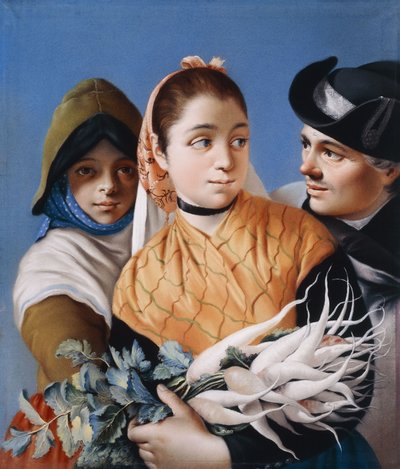 En flicka i en orange sjal som håller i rovor, en flicka i en grön huva och klänning och en gentleman i svart tricornhatt, av Lorenzo Baldissera Tiepolo