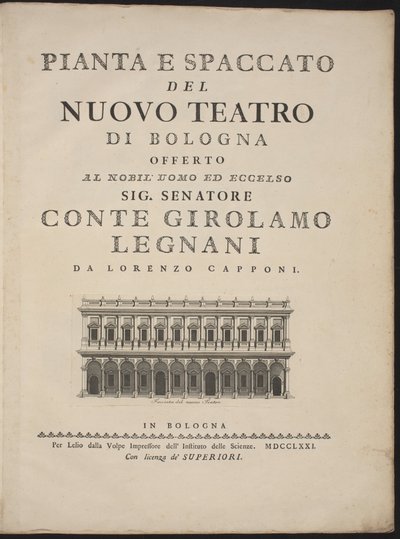 Plan och tvärsnitt av den nya teatern i Bologna av Lorenzo Capponi, after Antonio Galli Bibiena