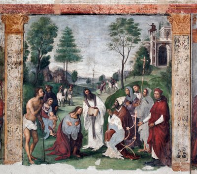 Life of St. Cecile: Urban I inbjuder Valerian att konvertera (fresk av Lorenzo Costa
