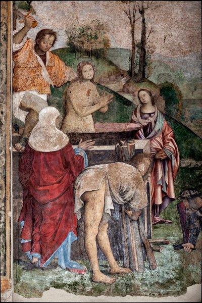 Life of St Cecilia: Martyrdom of St Cecilia, detalj (fresk av Lorenzo Costa