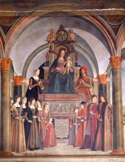 Madonna och barn med änglar, av Lorenzo Costa (ca 1537-1583), Bentivoglio kapell i kyrkan San Giacomo Maggiore, Bologna, Italien av Lorenzo Costa