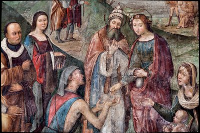 Saint Cecilia ger sina ägodelar till de fattiga, detalj (fresk av Lorenzo Costa