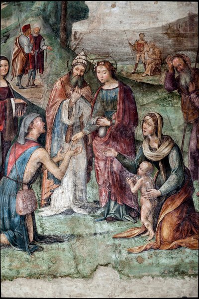 Saint Cecilia ger sina ägodelar till de fattiga, detalj (fresk av Lorenzo Costa