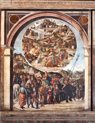 Triumph of Fame, avsnitt av Gamla testamentet, scener av martyrer (Målning av Lorenzo Costa