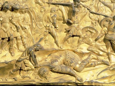 David och Goliat, detalj från originalpanelen från Baptisteriets östra dörrar, 1425-52 (förgylld brons) (efter restaurering) av Lorenzo Ghiberti