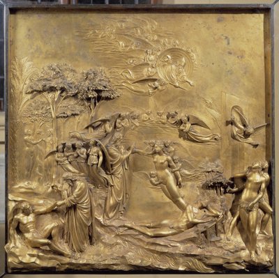 Historien om Adams liv: Adams födelse, Evas skapelse och Adam och Eva jagar från paradiset. Originalpanel på Paradisets dörr av Lorenzo Ghiberti