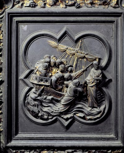 Jesus går på vattnet och räddar Peter, åttonde panelen av North Doors of the Baptistery of San Giovanni, 1403-24 (brons) av Lorenzo Ghiberti