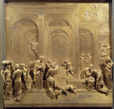 Jakobs och Esaus liv: Esau säljer sin förstfödslorätt och Isak välsignar Jakob. Original panel av Paradisets dörr av Lorenzo Ghiberti