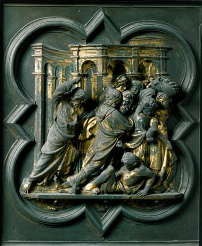 Norra porten (kallas korsporten, i norr), exteriör detalj: "" Jesus jagar köpmän från templet""" Bronsskulptur gjord av Lorenzo Ghiberti (1378-1455) av Lorenzo Ghiberti