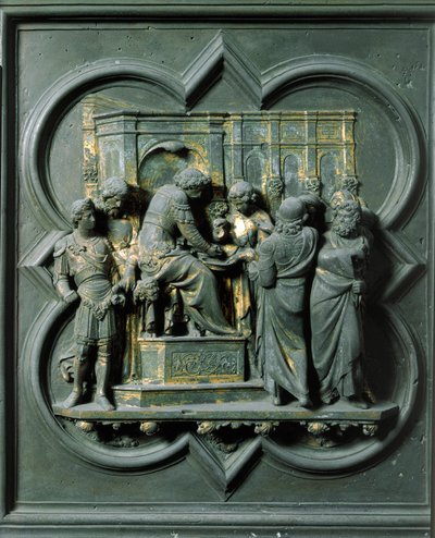 Norra porten (kallad korsporten, i norr), yttre detalj: "Kristus står inför Pontius Pilatus (Pontius Pilatius)" Bronsskulptur gjord av Lorenzo Ghiberti (1378-1455) av Lorenzo Ghiberti