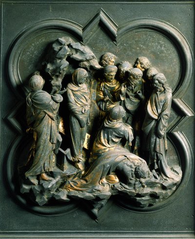 North Porte (kallas Gate of the Cross, i norr), exteriör detalj: "" Lazarus uppståndelse""" Bronsskulptur gjord av Lorenzo Ghiberti (1378-1455) av Lorenzo Ghiberti