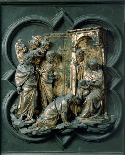North Porte (kallad Gate of the Cross, till norr), exteriör detalj: Adoration of the Magi. Bronsskulptur gjord av Lorenzo Ghiberti (1378-1455) av Lorenzo Ghiberti