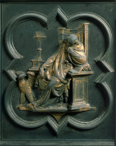 North Porte (kallad Gate of the Cross, mot norr), exteriör detalj: Saint John Evangelist. Bronsskulptur gjord av Lorenzo Ghiberti (1378-1455) av Lorenzo Ghiberti