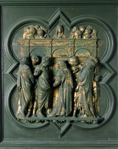 North Porte (kallad Porte de la Croix, i norr), exteriördetalj: "" Pentecote"" Bronsskulptur gjord av Lorenzo Ghiberti (1378-1455) av Lorenzo Ghiberti