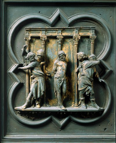 North Porte (kallad Porte de la Croix, i norr), exteriördetalj: "" la flagellation"" Bronsskulptur gjord av Lorenzo Ghiberti (1378-1455) av Lorenzo Ghiberti