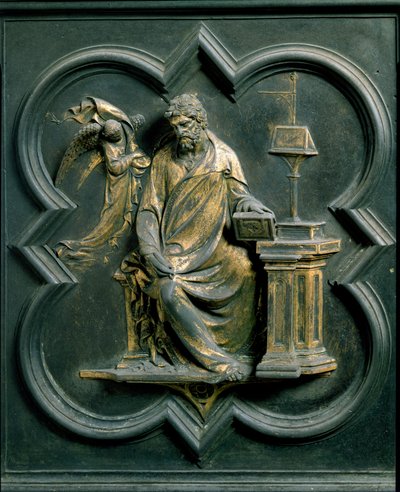 North Porte (kallad Porte de la Croix, i norr), exteriör detalj: Saint Mathieu. Bronsskulptur gjord av Lorenzo Ghiberti (1378-1455) av Lorenzo Ghiberti