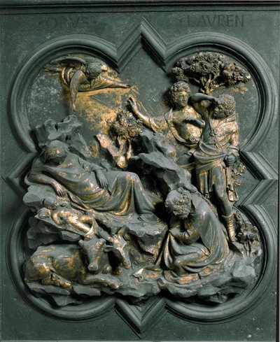 North Porte (kallad Porte de la Croix, i norr), exteriör detalj: Nativiten. Bronsskulptur gjord av Lorenzo Ghiberti (1378-1455) av Lorenzo Ghiberti