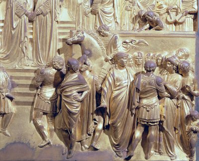 Mötet mellan kung Salomo och drottningen av Saba, detalj av skötarna, från originalpanelen från Baptisteriets östra dörrar, restaurering av förgylld bronsstolpe 1425-52 av Lorenzo Ghiberti