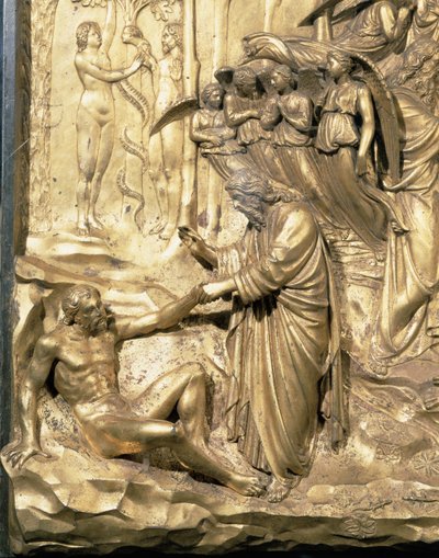 Berättelsen om Adam, detalj om Adams skapelse och Adams och Evas frestelse, från en av originalpanelerna från Baptisteriets östra dörrar, restaurering av förgylld bronsstolpe 1425-52 av Lorenzo Ghiberti